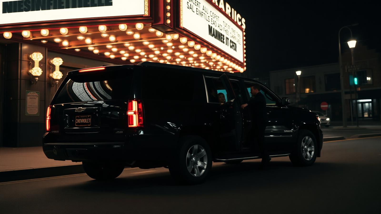 Black Chevrolet Suburban LT SUV pulling up to the marquee entrance of a grand San Francisco theater at night with a uniformed chauffeur opening the rear door