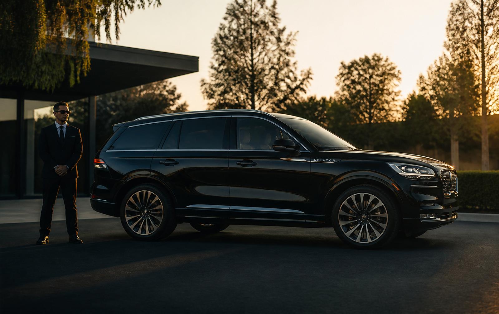 Side profile of a black Lincoln Aviator luxury SUV with a uniformed chauffeur standing beside the vehicle, staged for Silicon Valley executive and airport transfers