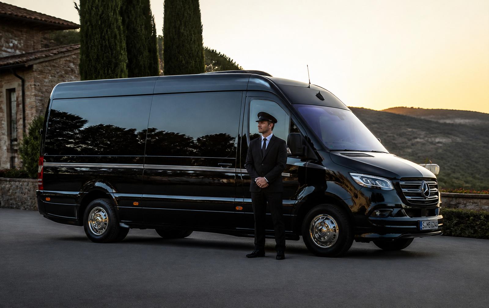 Side profile of a black Mercedes-Benz Sprinter passenger van with a uniformed chauffeur standing beside the vehicle, configured for 11 to 14 passenger group transportation across the San Francisco Bay Area