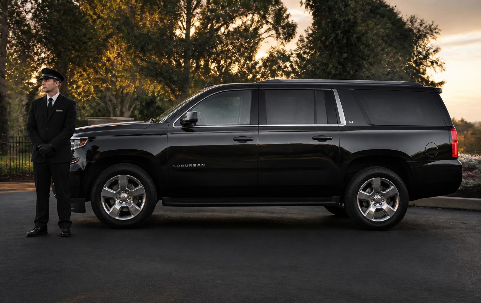 Side profile of a black Chevrolet Suburban LT full-size SUV with a uniformed chauffeur standing beside the vehicle, staged for Bay Area corporate groups, weddings and airport transfers