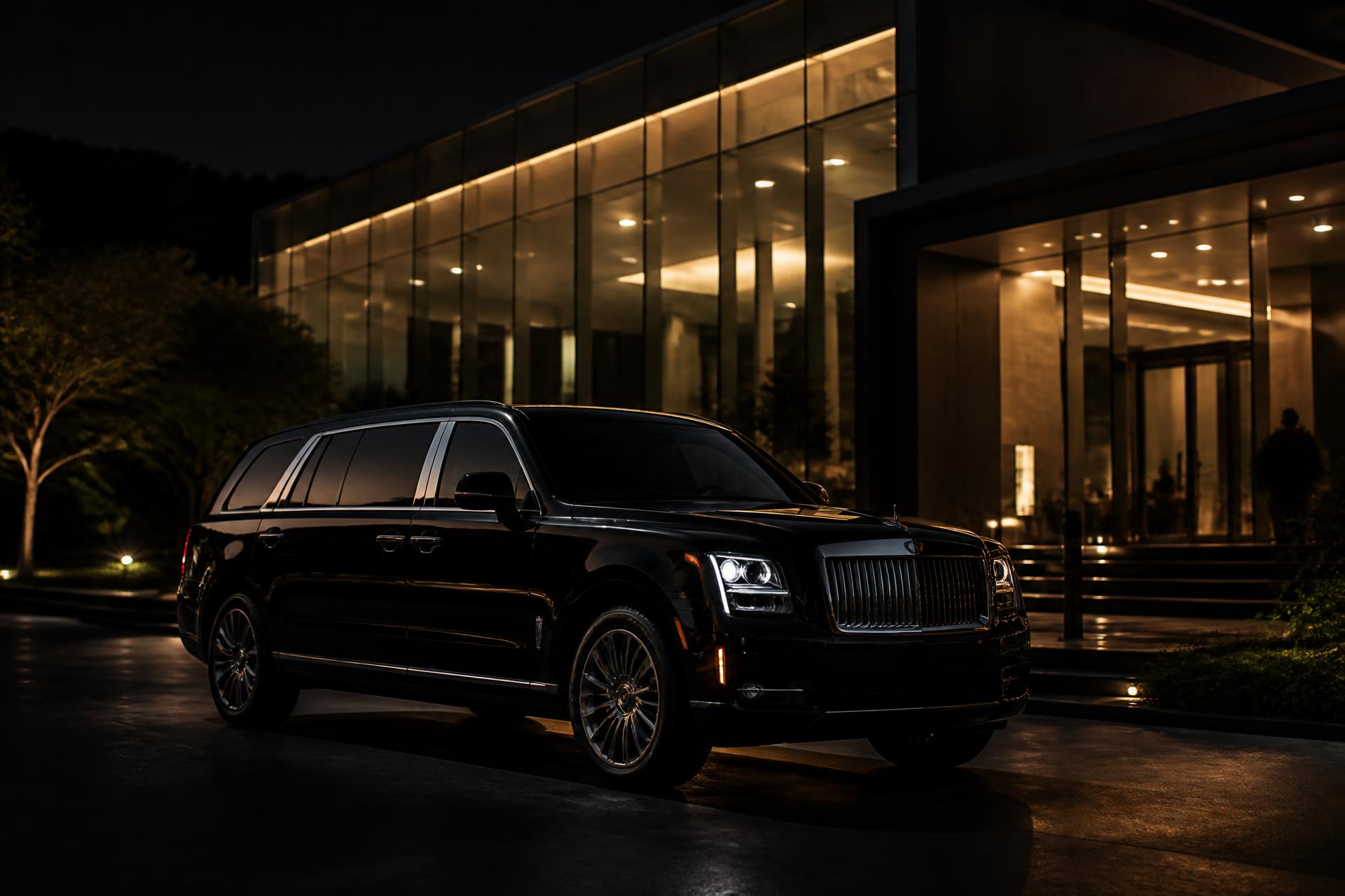 A chauffeur holding the rear door of a black Lincoln Aviator SUV outside a Silicon Valley office at dusk