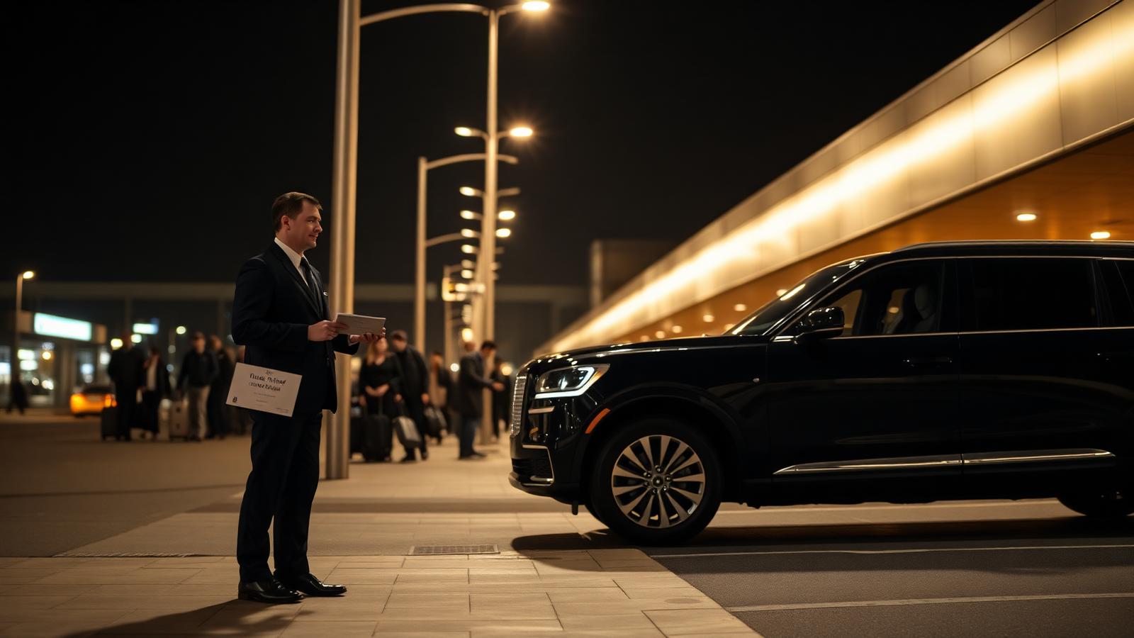 Uniformed chauffeur with a name sign beside a black Lincoln Aviator luxury SUV at a lit Bay Area airport terminal curbside at night