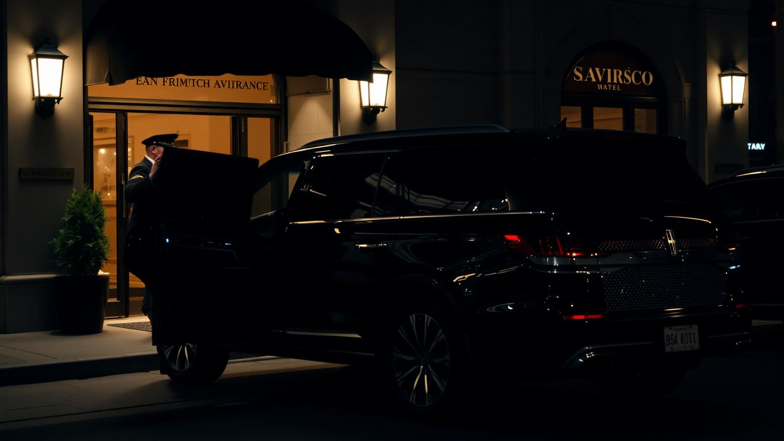 Uniformed chauffeur opening the rear door of a black Lincoln Aviator luxury SUV outside a lit boutique San Francisco hotel entrance