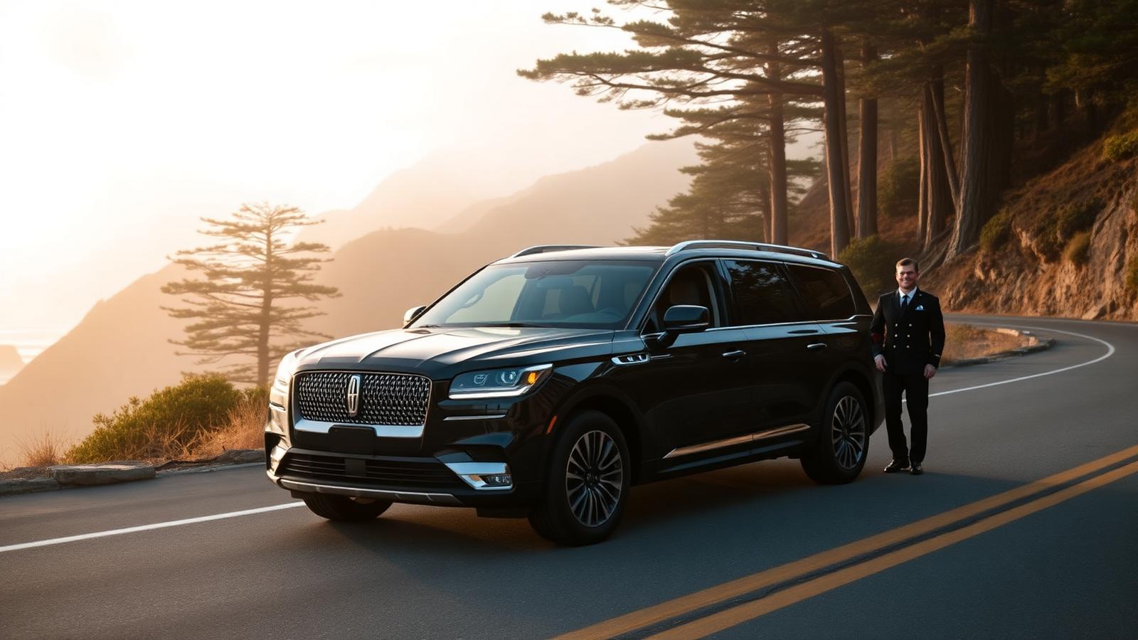 Black Lincoln Aviator luxury SUV on Pebble Beach 17-Mile Drive with cypress trees and Pacific coast cliffs, uniformed chauffeur beside the vehicle