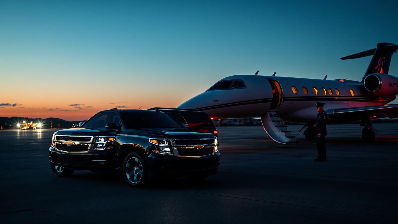 Black Chevrolet Suburban LT SUV staged on an FBO ramp beside a Gulfstream private jet at dusk with a uniformed chauffeur waiting