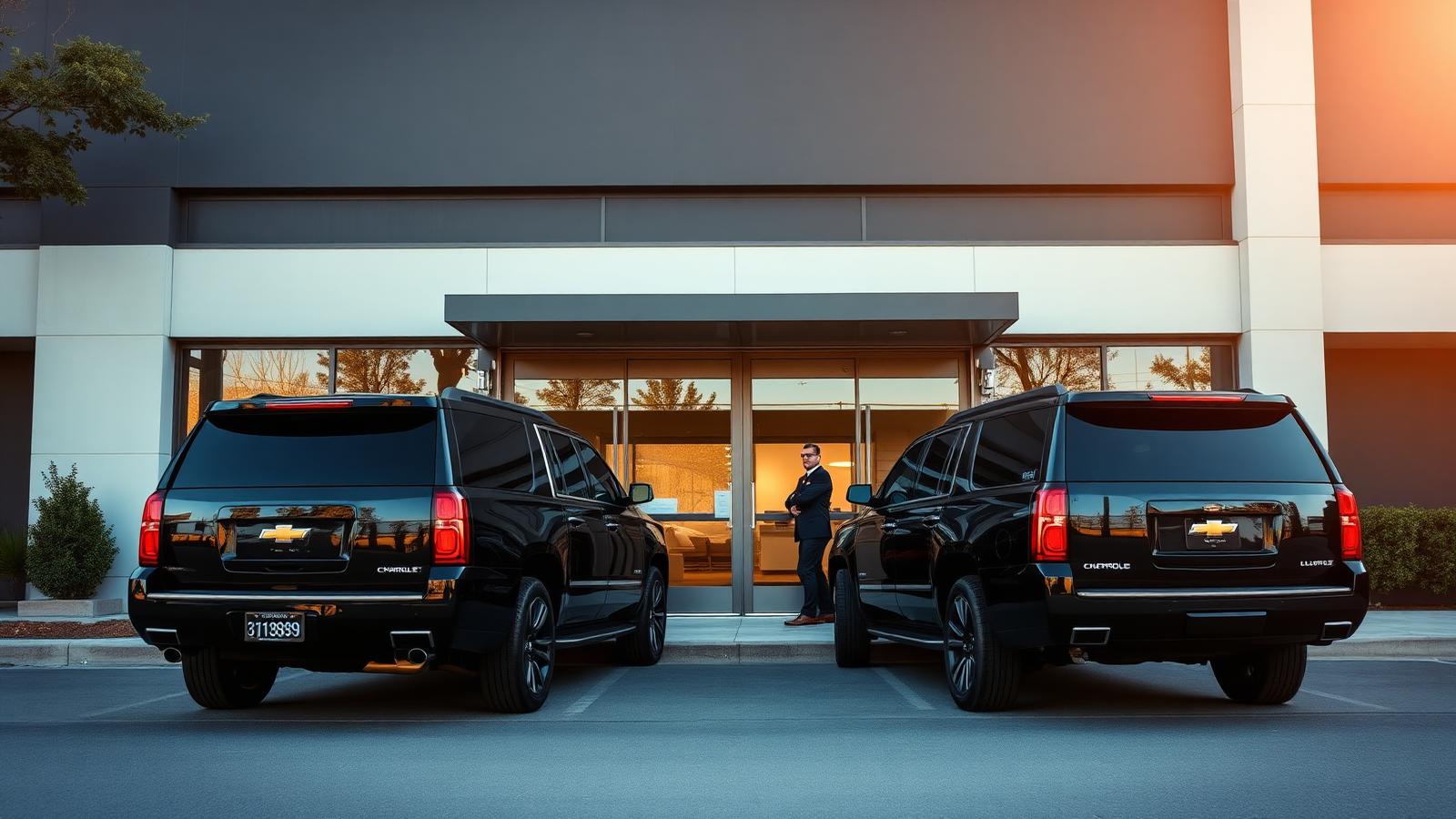 Two black Chevrolet Suburban LT SUVs staged outside a Palo Alto venture capital office with chauffeurs beside rear doors for an investor roadshow