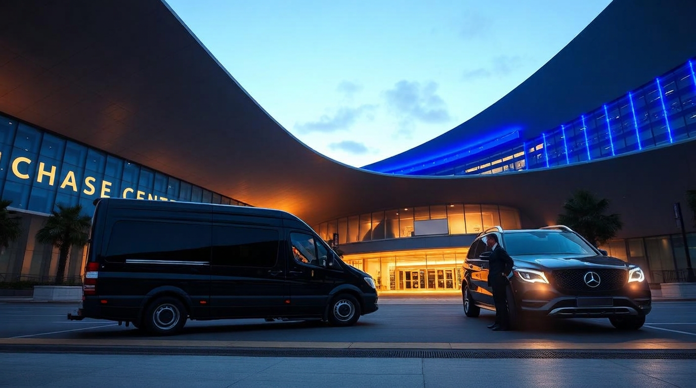 Black luxury chauffeur SUV outside Chase Center in San Francisco at dusk beneath the illuminated CHASE CENTER lettering — Warriors game-night chauffeur arrival