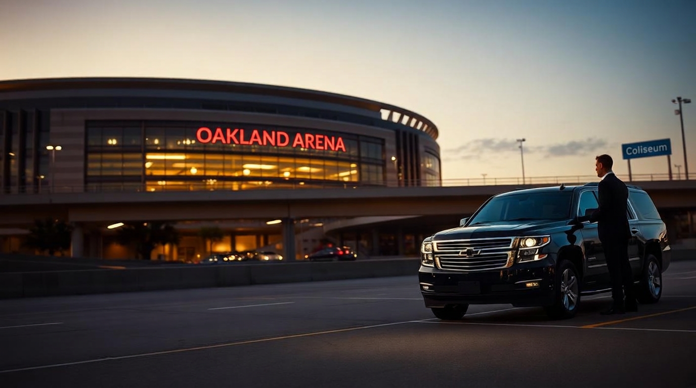 Black luxury chauffeur SUV outside Oakland Arena at dusk beneath the illuminated OAKLAND ARENA marquee near the Coliseum — East Bay event chauffeur arrival