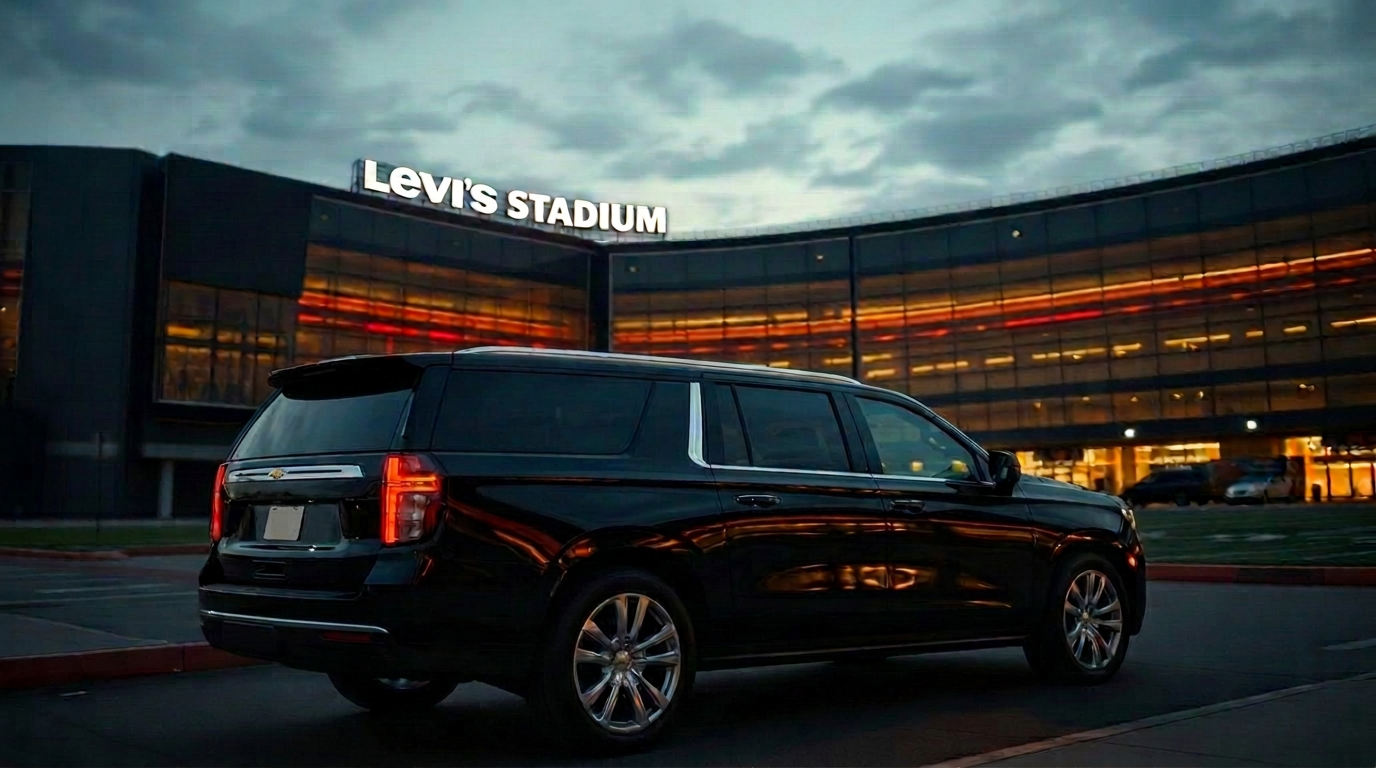 Black Chevrolet Suburban LT SUV parked outside Levi's Stadium in Santa Clara at dusk beneath the illuminated LEVI'S STADIUM roof sign — 49ers game-day chauffeur arrival