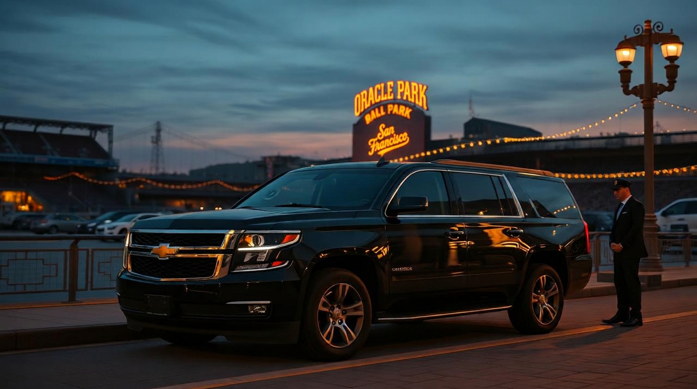 Black luxury chauffeur SUV outside Oracle Park in San Francisco at dusk beneath the illuminated ORACLE PARK ballpark sign — Giants game-day chauffeur arrival