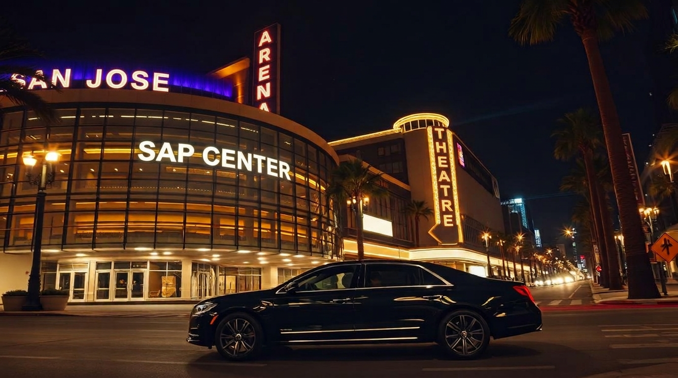 Black luxury chauffeur SUV outside SAP Center in San Jose at dusk beneath the illuminated SAN JOSE roofline and SAP CENTER sign — Sharks game-night chauffeur arrival