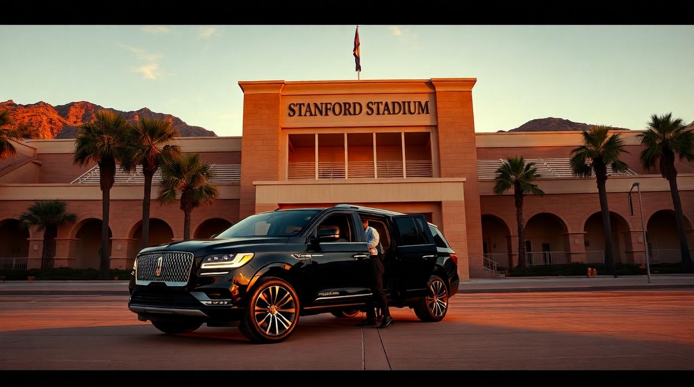 Black luxury chauffeur SUV outside Stanford Stadium in Stanford at dusk beneath the illuminated STANFORD STADIUM facade sign — college game-day chauffeur arrival