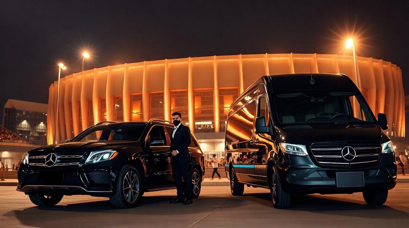 Black chauffeur vehicles staged outside a glowing Bay Area sports stadium at dusk — The Premium Chauffeur game-day stadium and arena service