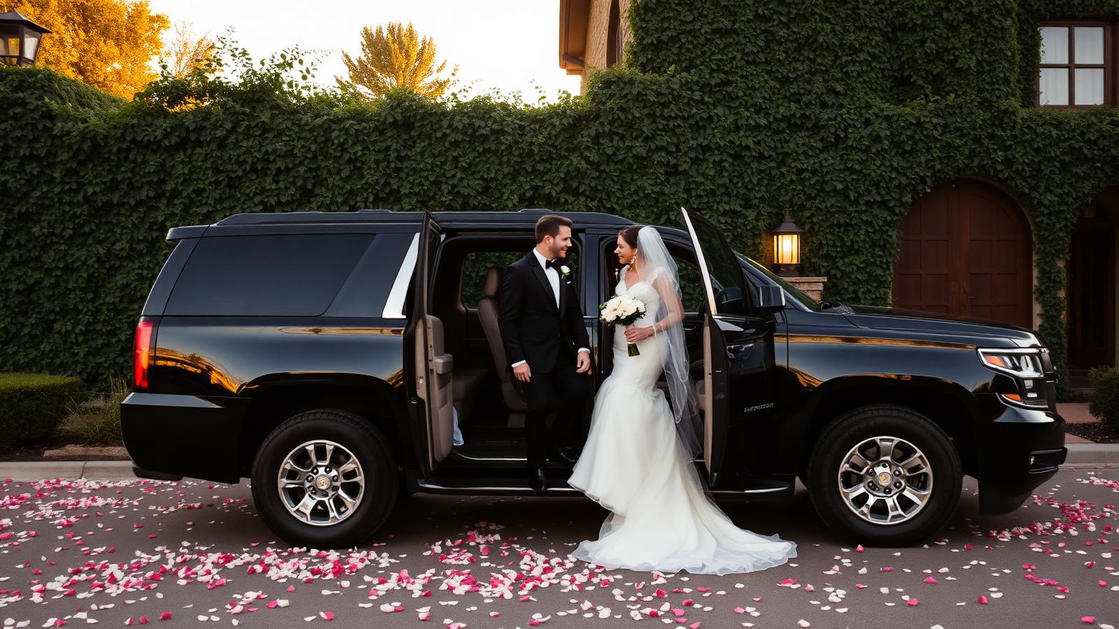Uniformed chauffeur opening the rear door of a black Chevrolet Suburban LT SUV for a bride and groom outside an ivy-covered Napa Valley winery estate at golden hour