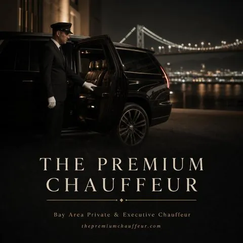 The Premium Chauffeur social card: uniformed chauffeur in white gloves holding the rear door of a black luxury SUV at night with the San Francisco Bay Bridge lit behind